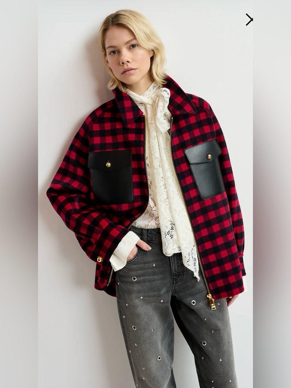 ESSENTIAL ANTWERP NEW Red & Black Checked 100% Wool Jacked Jacket Oversize Sz 6